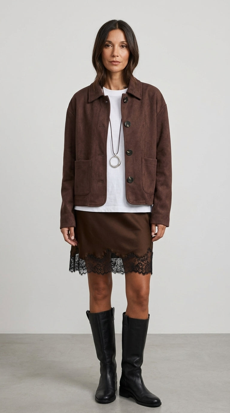 Dark Chocolate Suede Jacket - Button-Up Faux Suede Shirt Jacket