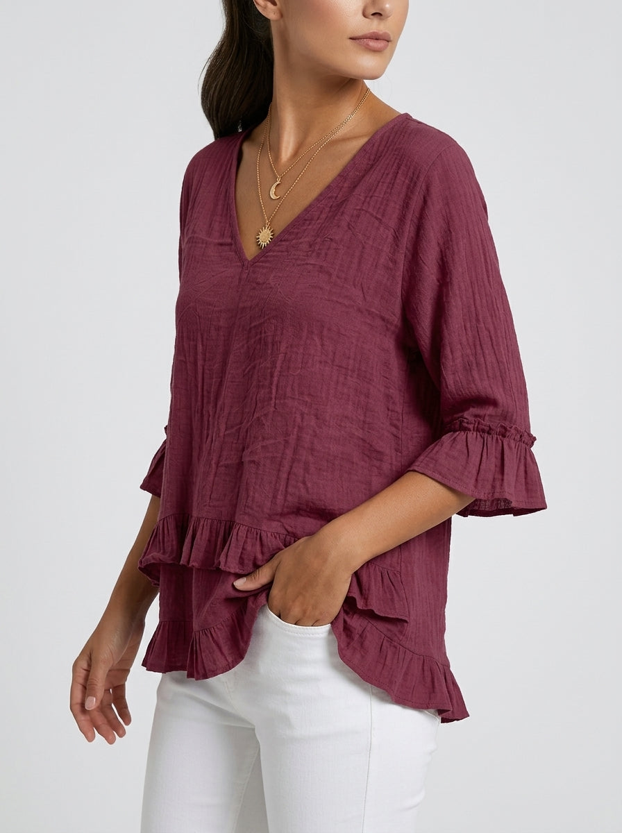 Casual Cotton Linen V-Neck Ruffle Blouse in Burgundy - 3/4 Sleeve Tiered Ruffle Hem Blouse