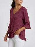 Casual Cotton Linen V-Neck Ruffle Blouse in Burgundy - 3/4 Sleeve Tiered Ruffle Hem Blouse