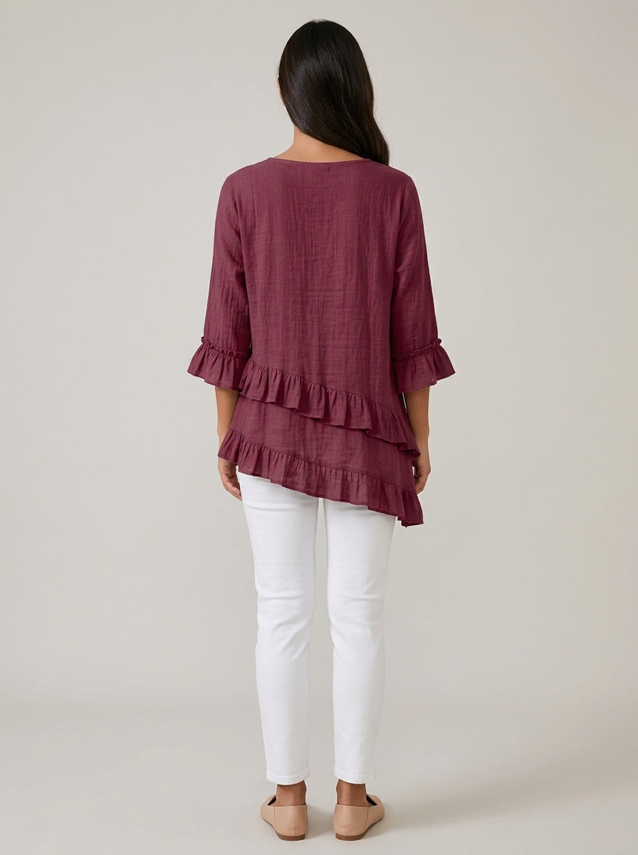 Casual Cotton Linen V-Neck Ruffle Blouse in Burgundy - 3/4 Sleeve Tiered Ruffle Hem Blouse