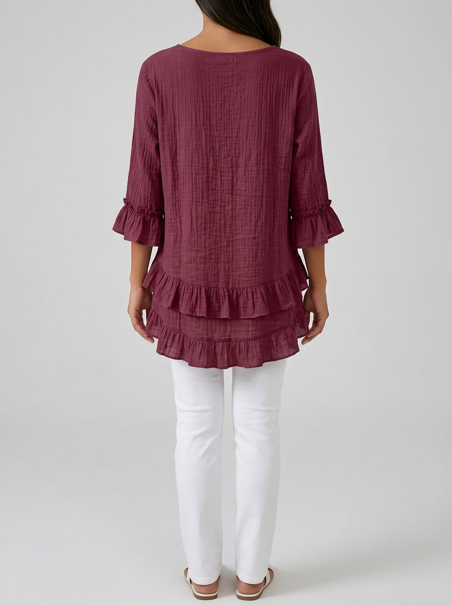 Casual Cotton Linen V-Neck Ruffle Blouse in Burgundy - 3/4 Sleeve Tiered Ruffle Hem Blouse