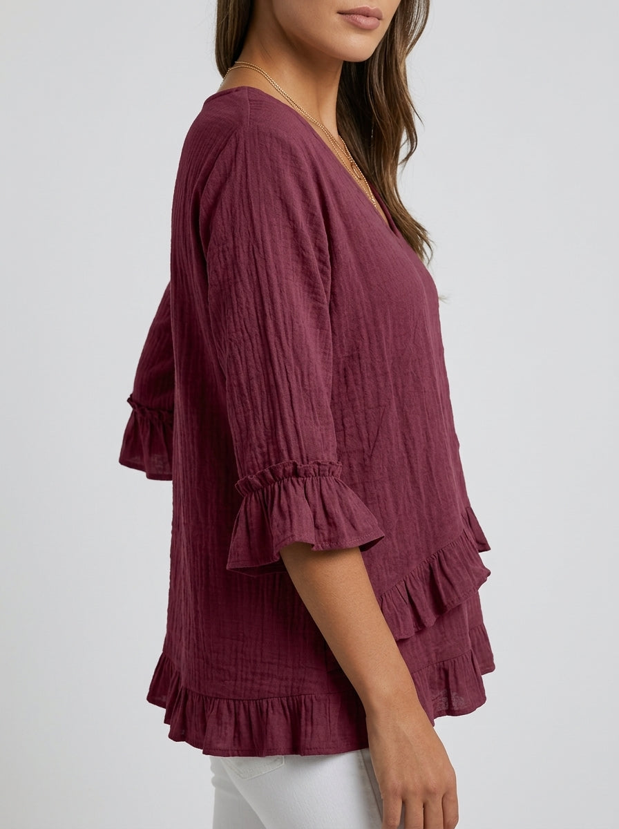 Casual Cotton Linen V-Neck Ruffle Blouse in Burgundy - 3/4 Sleeve Tiered Ruffle Hem Blouse