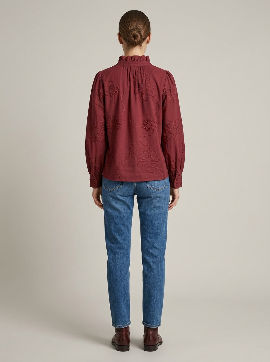 Romantic Casual Cotton Blouse - Burgundy Ruffled V-Neck Floral Embroidered Top