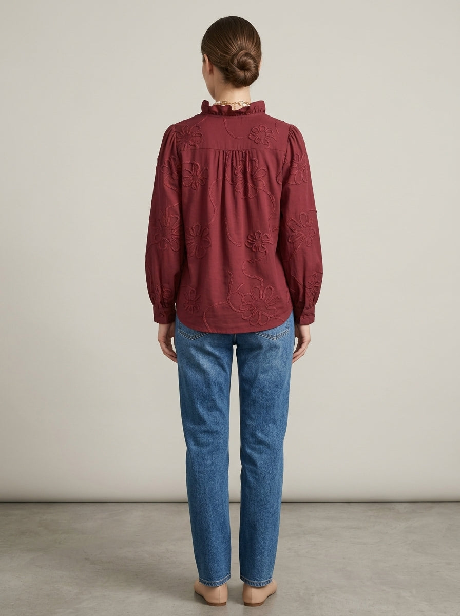 Romantic Casual Cotton Blouse - Burgundy Ruffled V-Neck Floral Embroidered Top