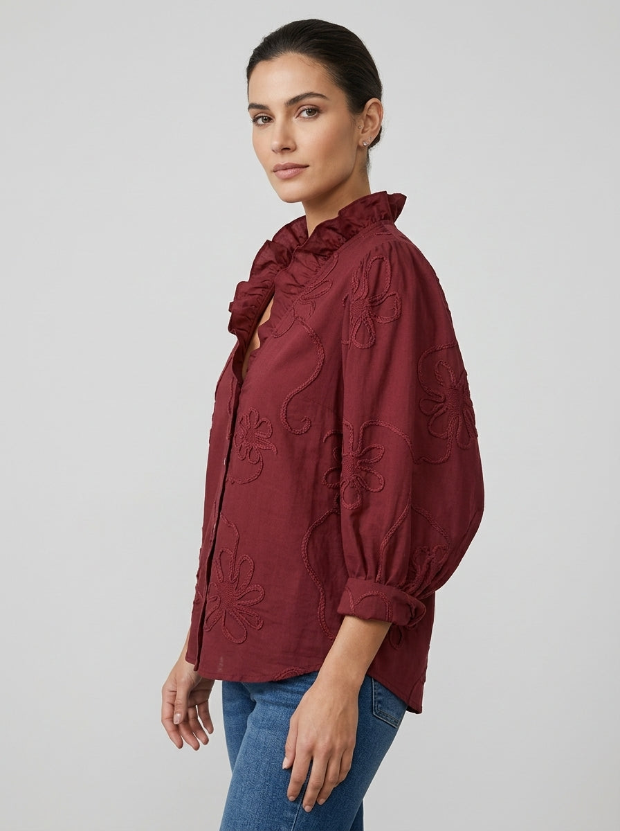 Romantic Casual Cotton Blouse - Burgundy Ruffled V-Neck Floral Embroidered Top