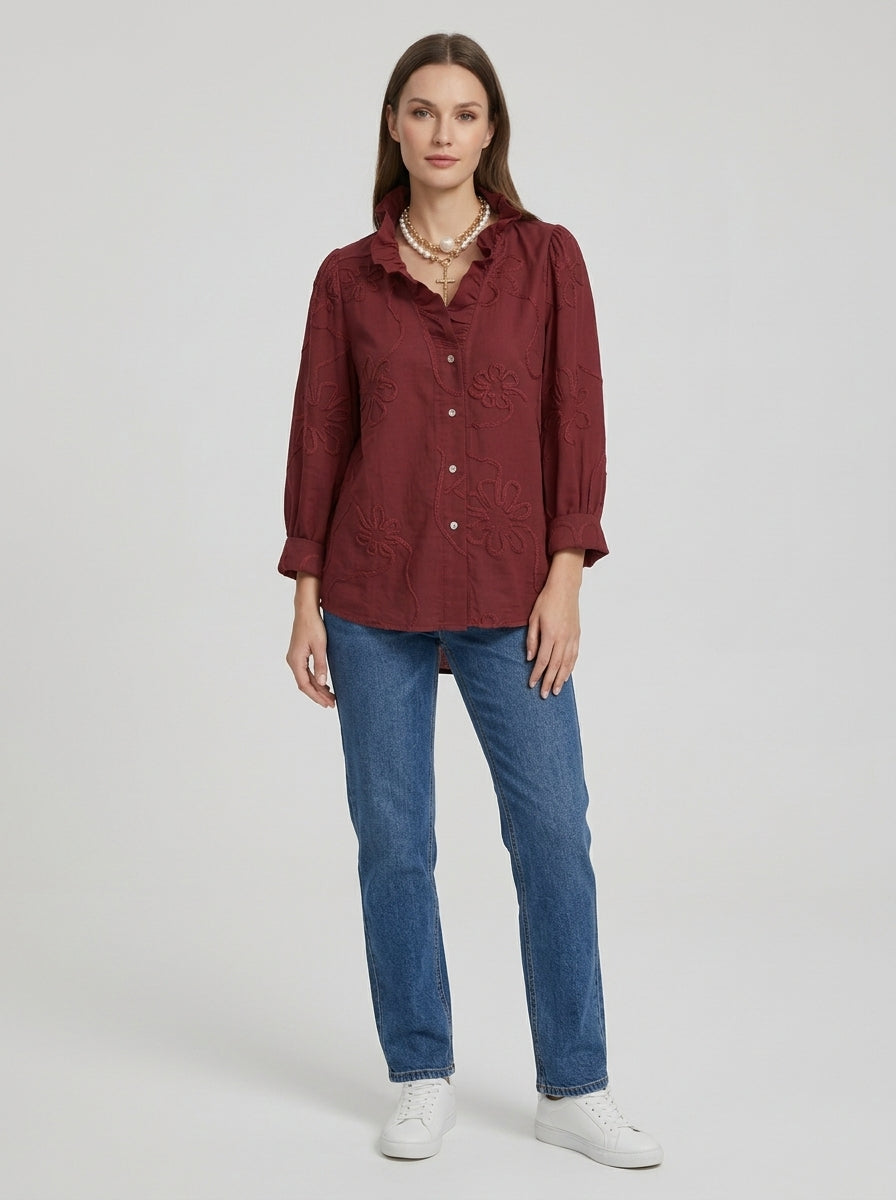 Romantic Casual Cotton Blouse - Burgundy Ruffled V-Neck Floral Embroidered Top