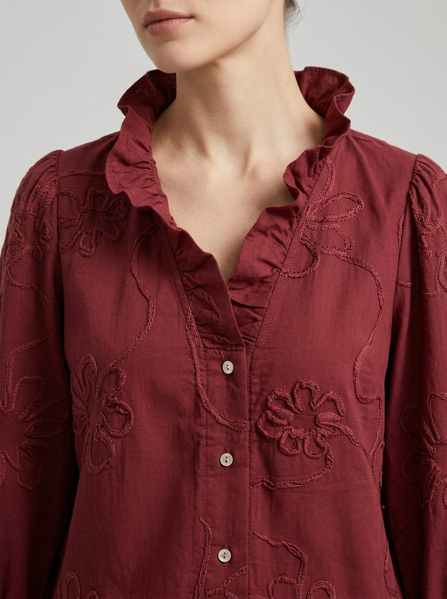 Romantic Casual Cotton Blouse - Burgundy Ruffled V-Neck Floral Embroidered Top
