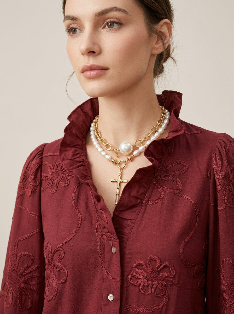 Romantic Casual Cotton Blouse - Burgundy Ruffled V-Neck Floral Embroidered Top