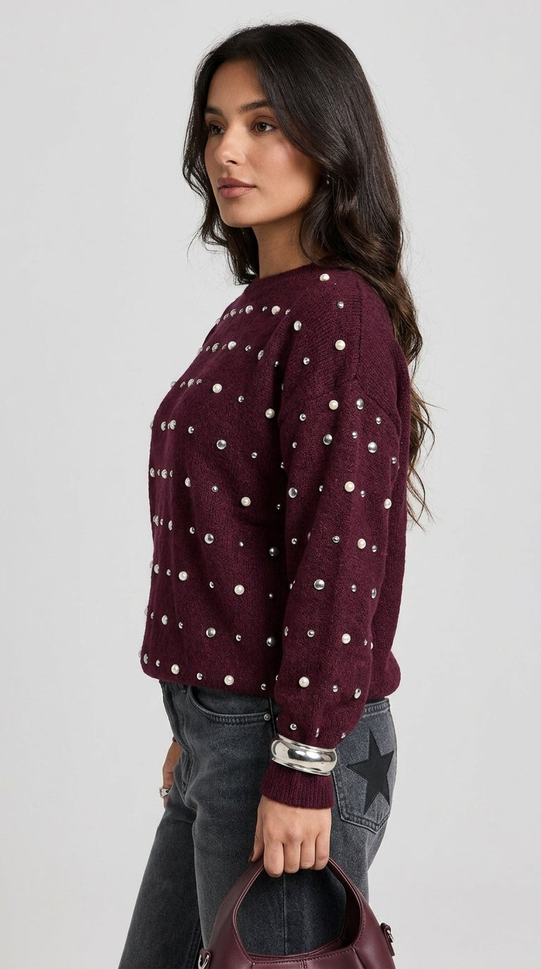 Sabrina Studded Sweater in Burgundy - Crew Neck Pearl-Embellished Knit