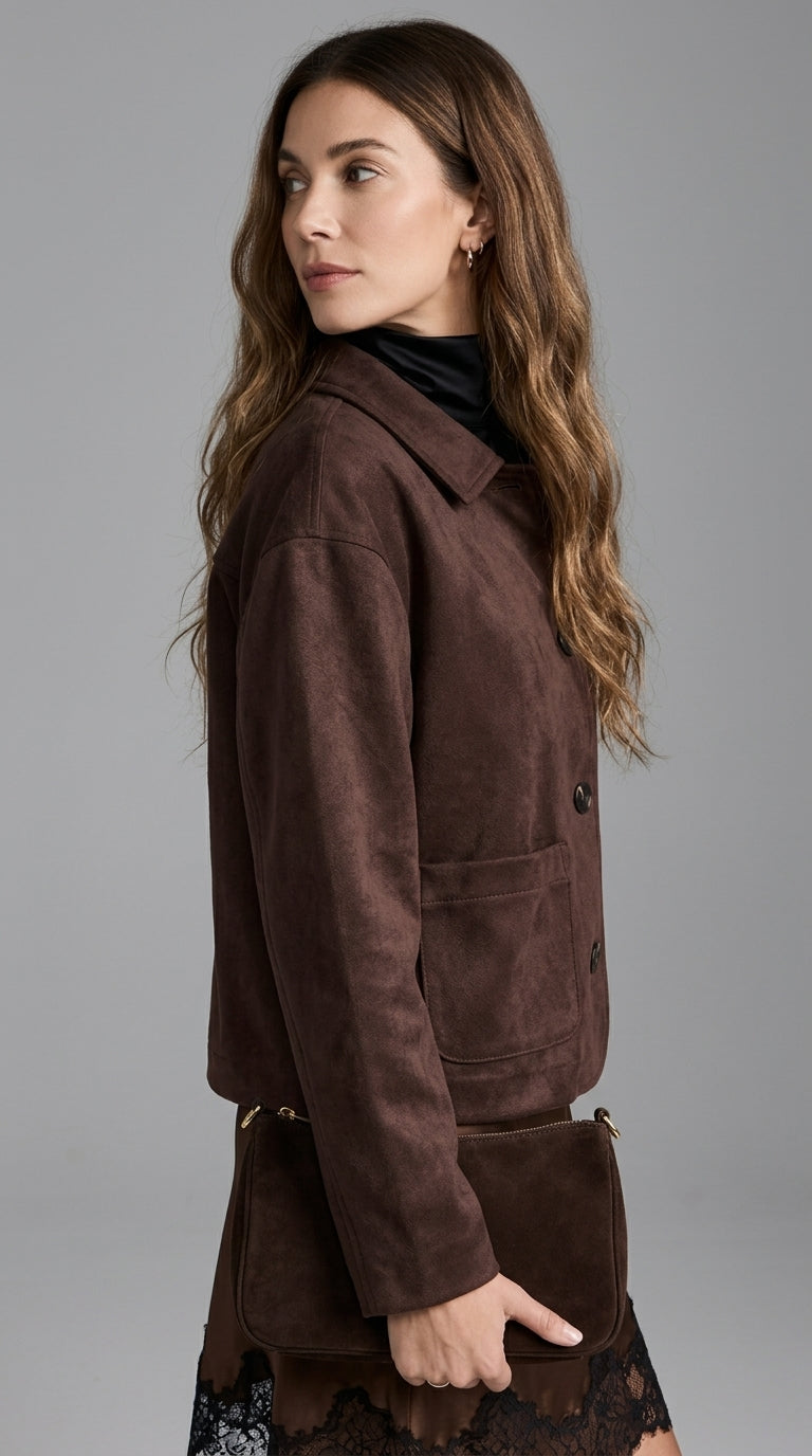 Dark Chocolate Suede Jacket - Button-Up Faux Suede Shirt Jacket