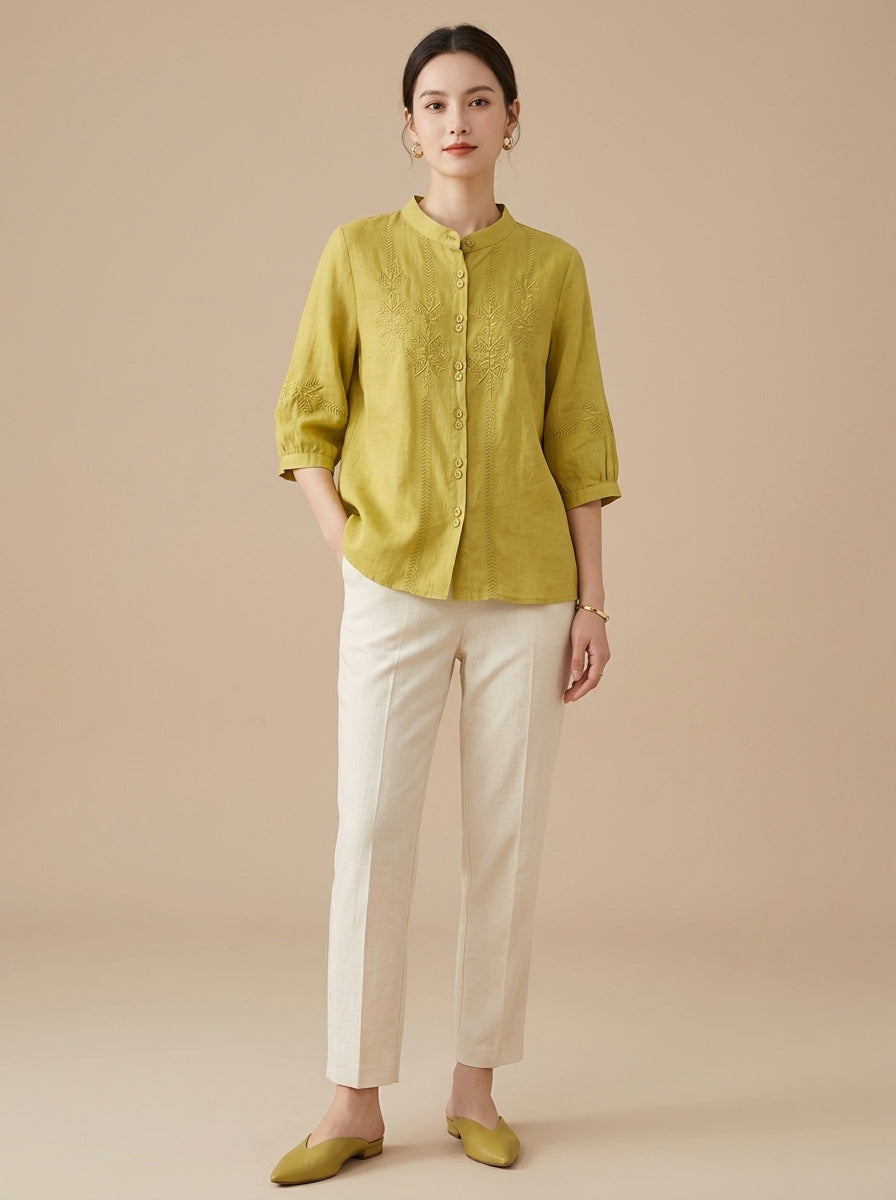 Loose Boho Embroidered Blouse - Chartreuse Mandarin Collar 3/4 Sleeve Top