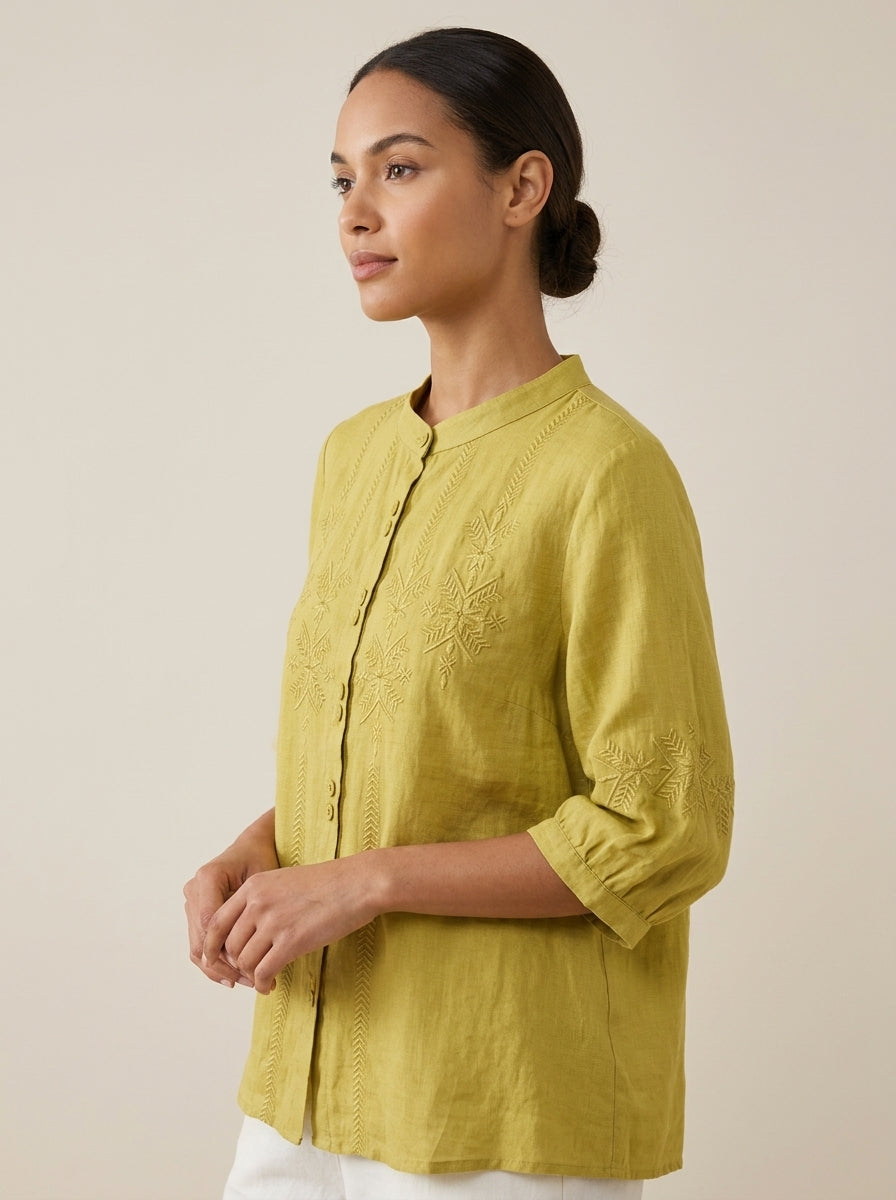 Loose Boho Embroidered Blouse - Chartreuse Mandarin Collar 3/4 Sleeve Top