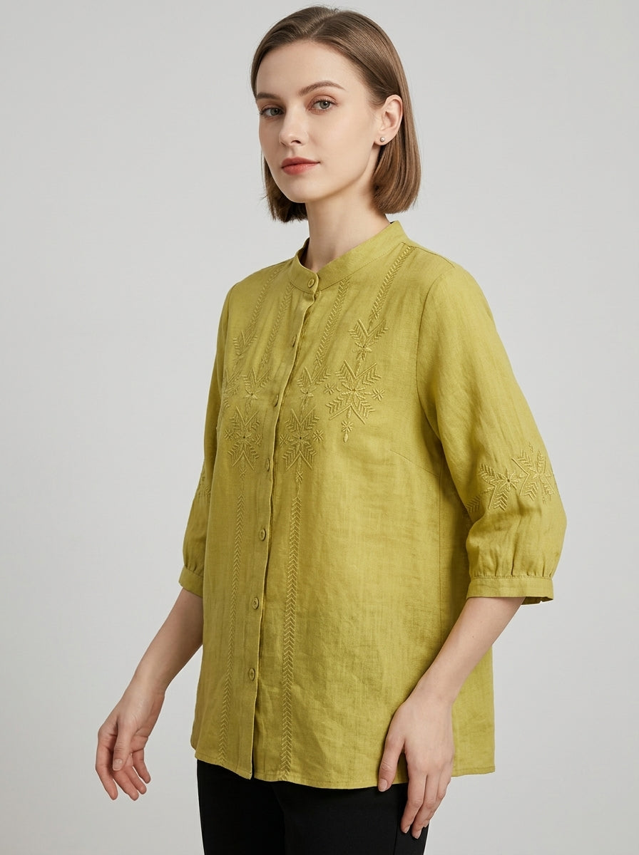 Loose Boho Embroidered Blouse - Chartreuse Mandarin Collar 3/4 Sleeve Top