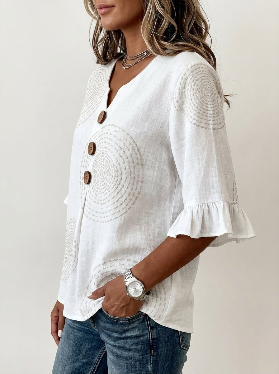 White Circle Print Wood Button Blouse - Ruffle Sleeve V-Neck Top