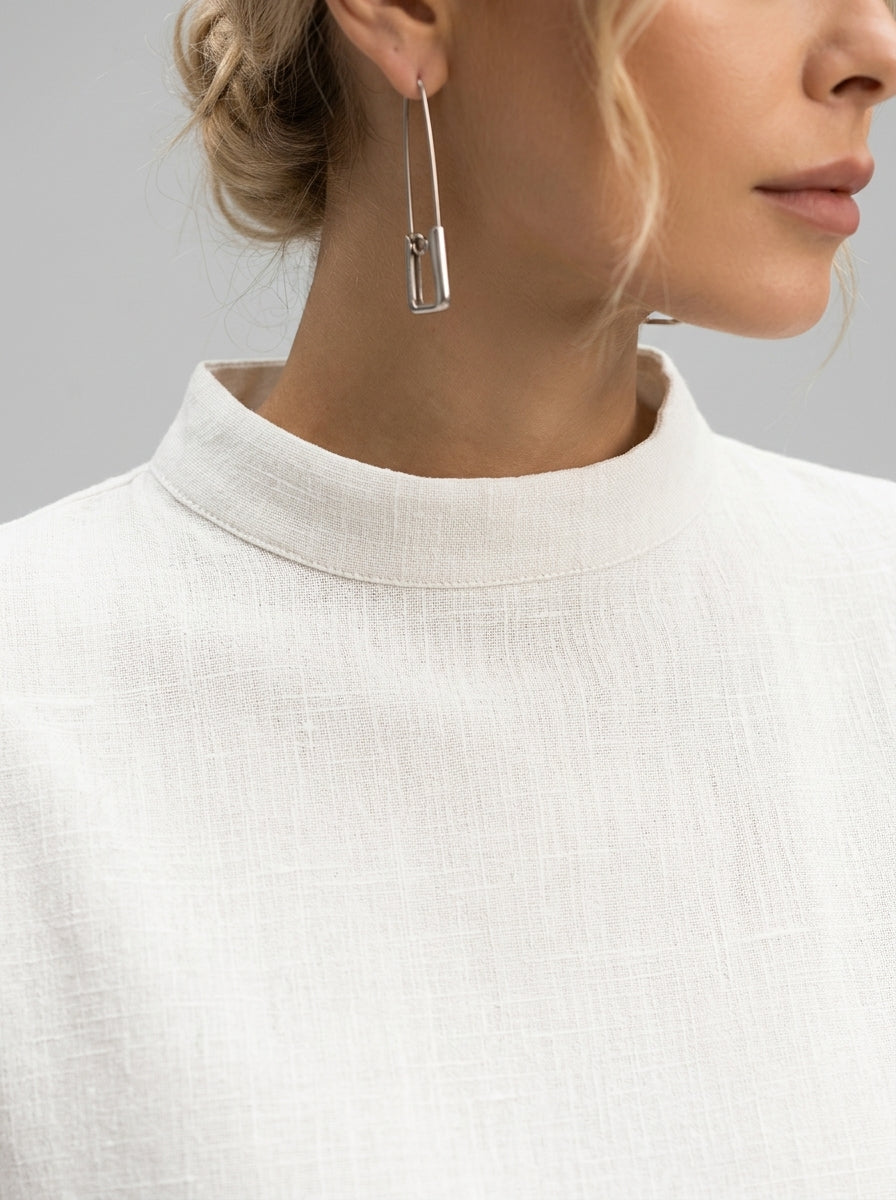 Minimalist Cotton Linen Shirt - White Mock Neck Short Sleeve Top
