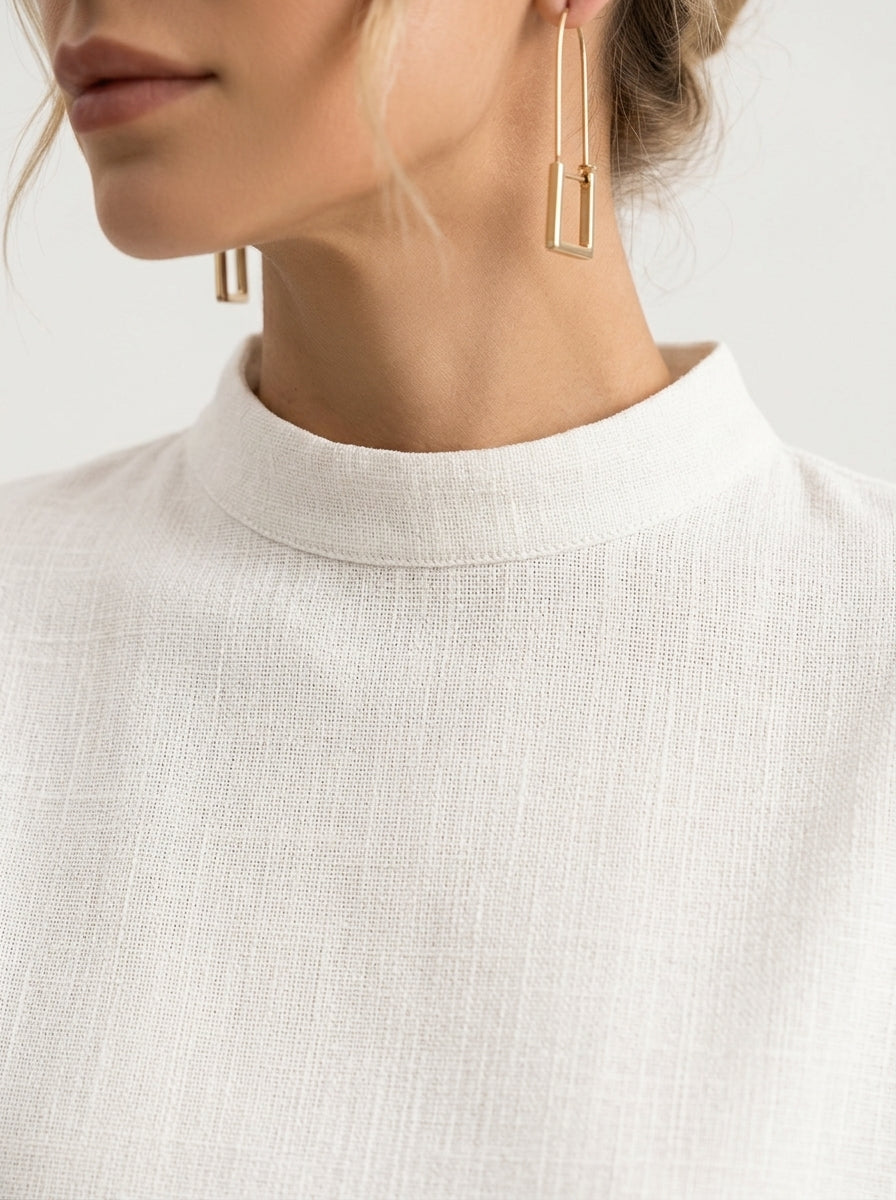 Minimalist Cotton Linen Shirt - White Mock Neck Short Sleeve Top