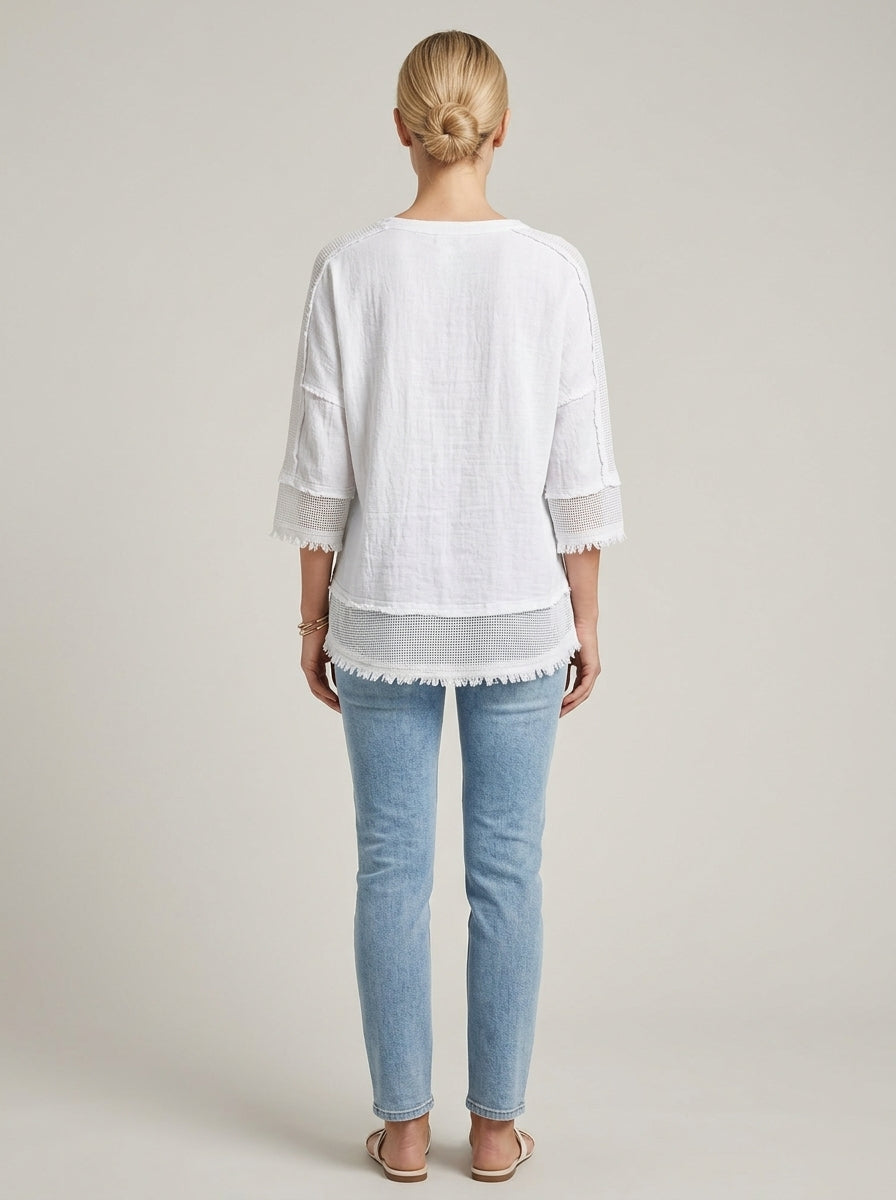 Casual Linen Cotton Color-Block Top in White - Raw-Edge Waffle Knit V-Neck Top