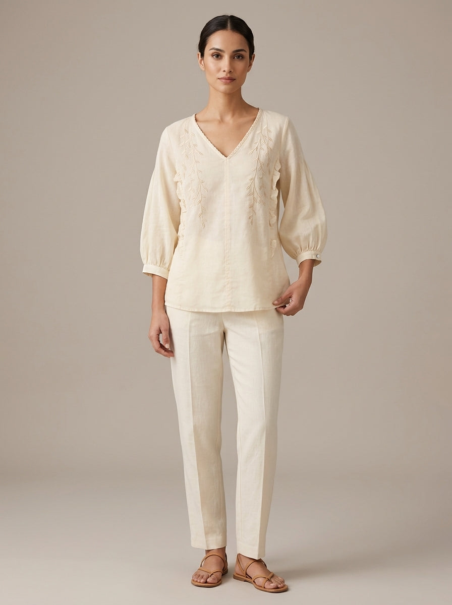 Trendy Embroidered Cotton Blouse - Cream V-Neck 3/4 Sleeve Ruffle Top