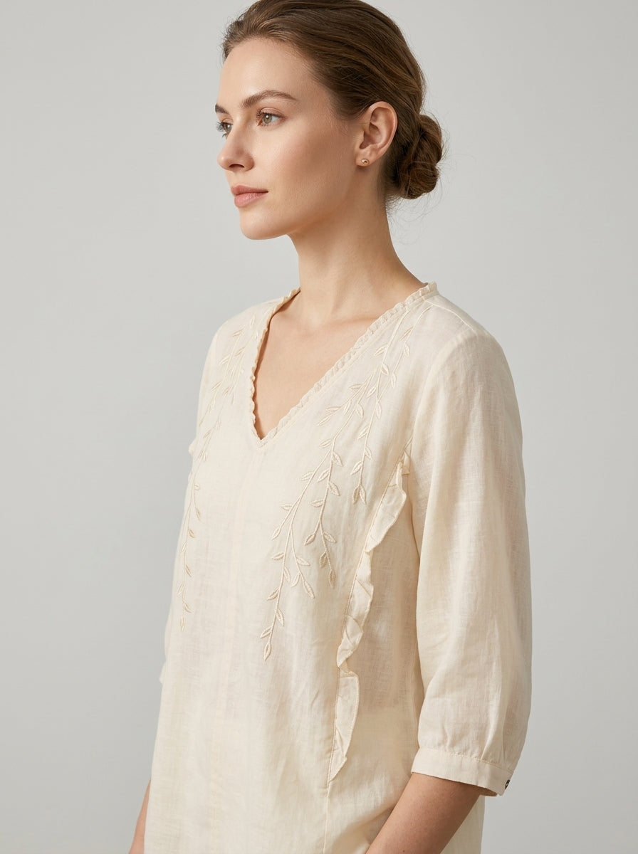 Trendy Embroidered Cotton Blouse - Cream V-Neck 3/4 Sleeve Ruffle Top