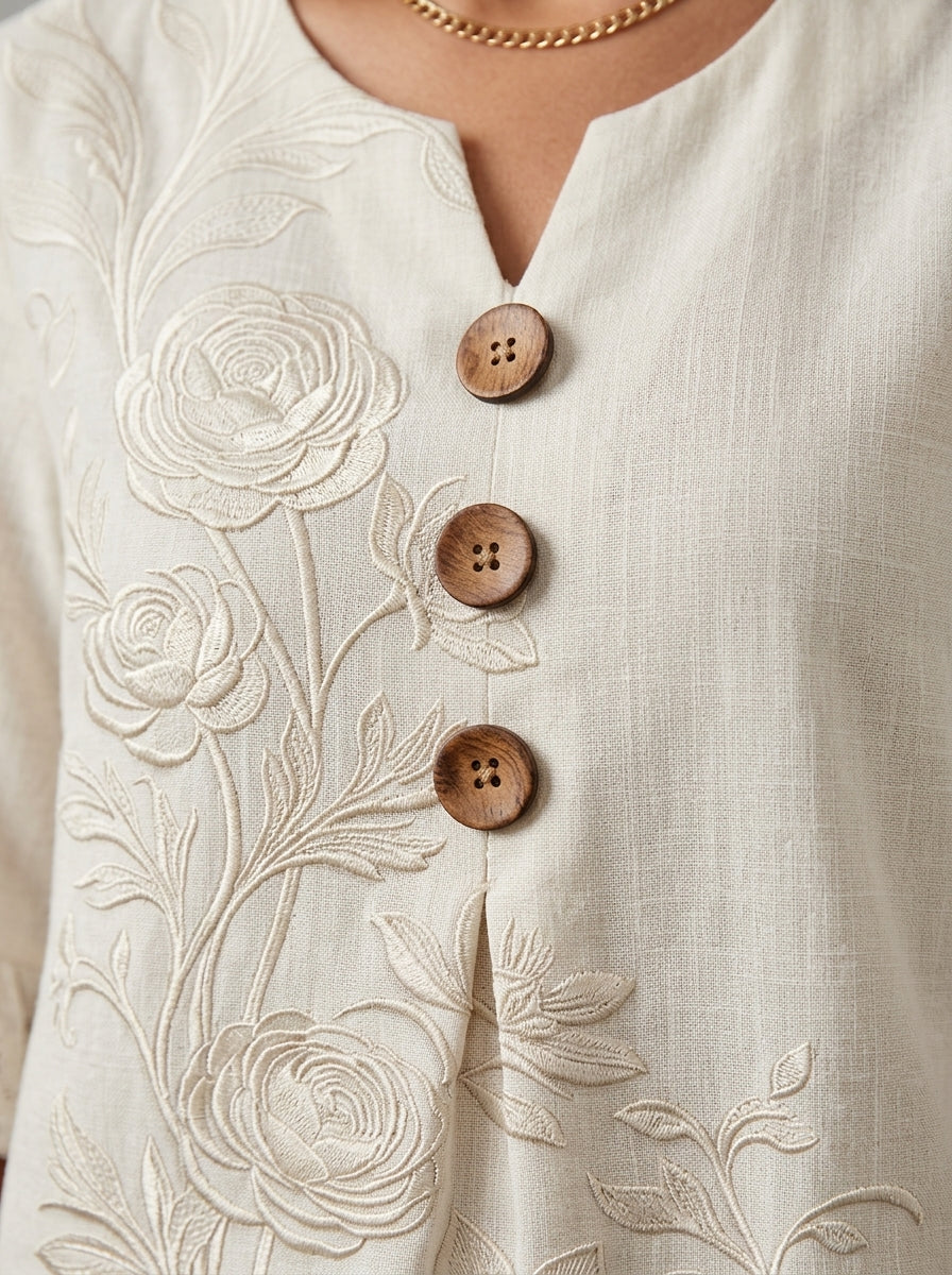 Cream Embroidered Floral Blouse - Wood Button V-Neck Lace Sleeve Top