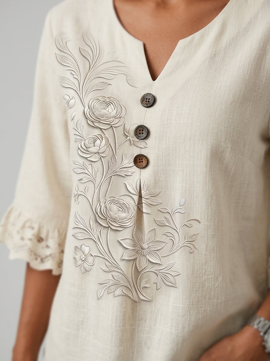 Cream Embroidered Floral Blouse - Wood Button V-Neck Lace Sleeve Top
