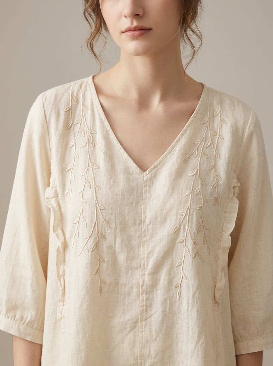 Trendy Embroidered Cotton Blouse - Cream V-Neck 3/4 Sleeve Ruffle Top