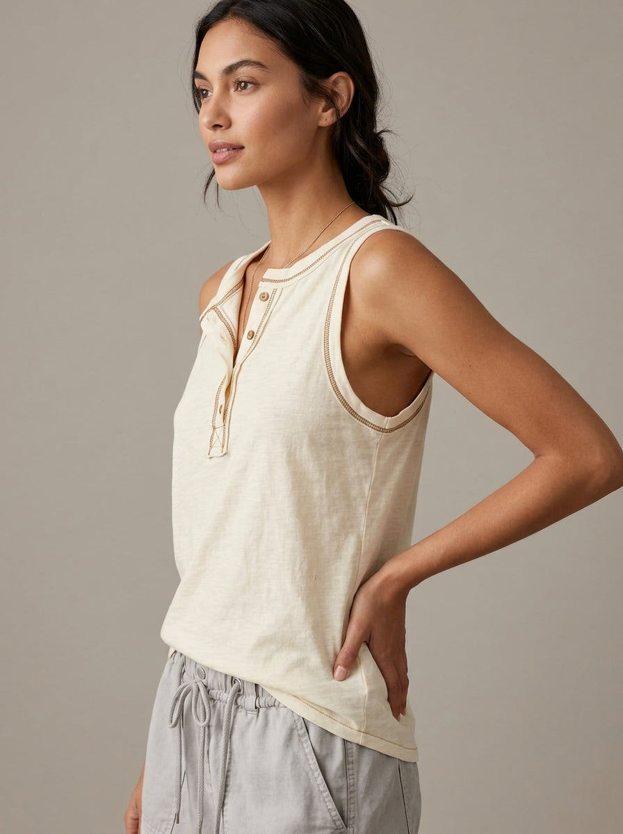 Cream Contrast Stitch Henley Tank - Cotton Linen Button Placket Top