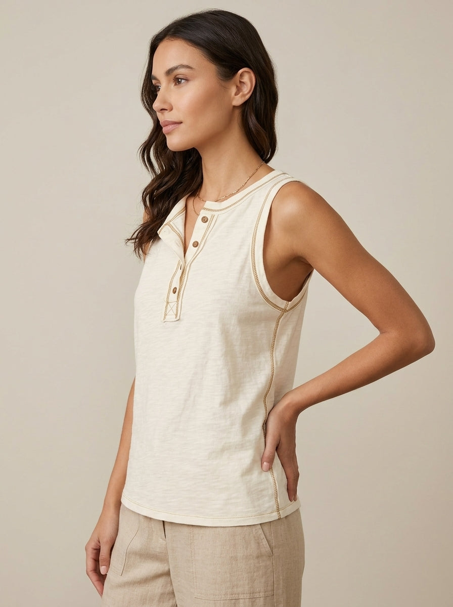 Cream Contrast Stitch Henley Tank - Cotton Linen Button Placket Top