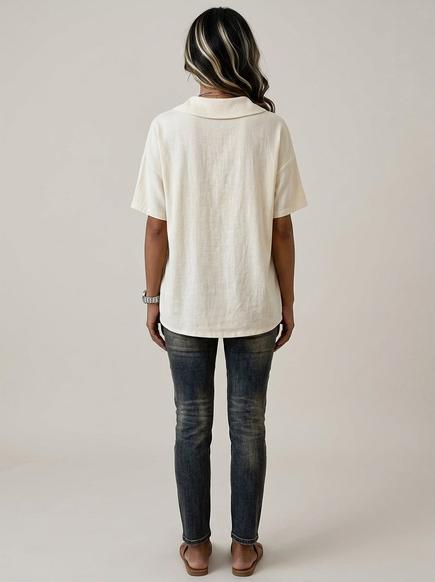 Collared Two-Button Placket Top - Short Sleeve Cotton Linen Blouse