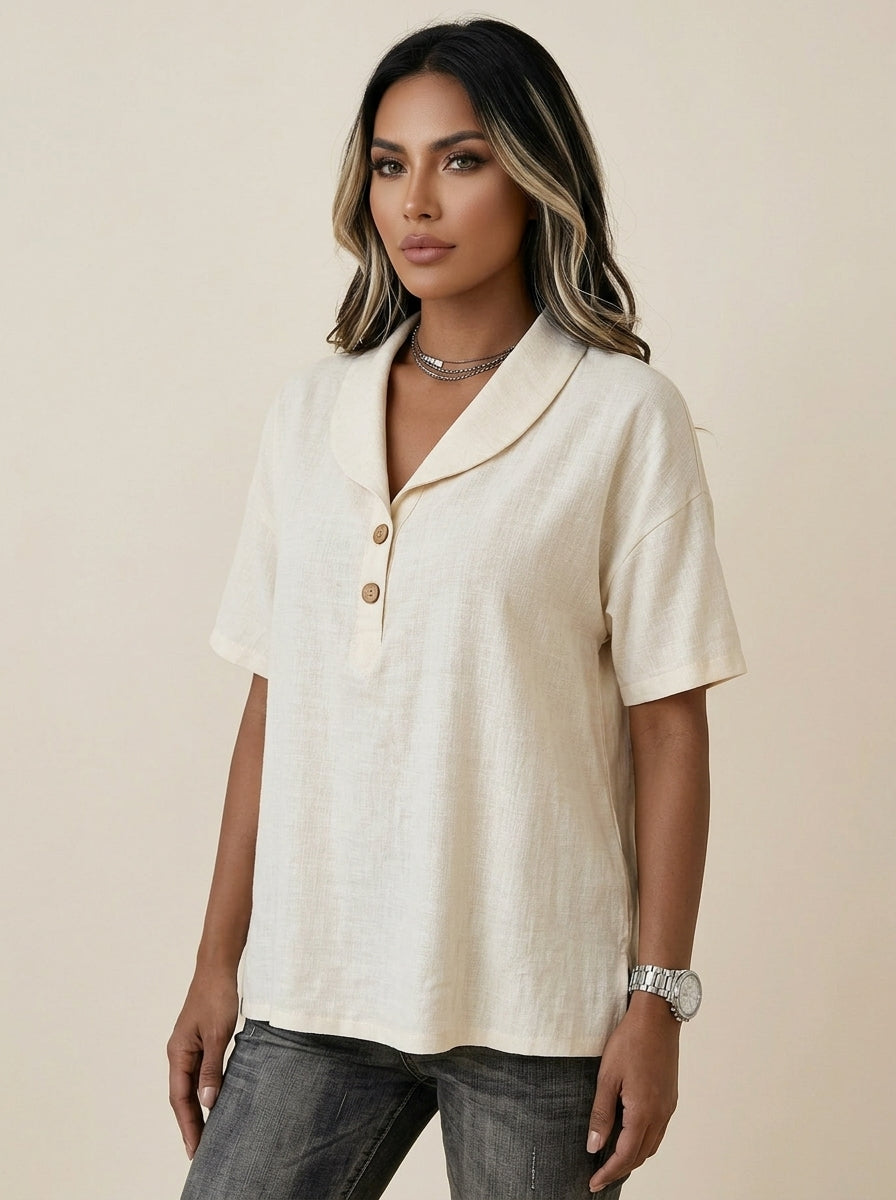 Collared Two-Button Placket Top - Short Sleeve Cotton Linen Blouse