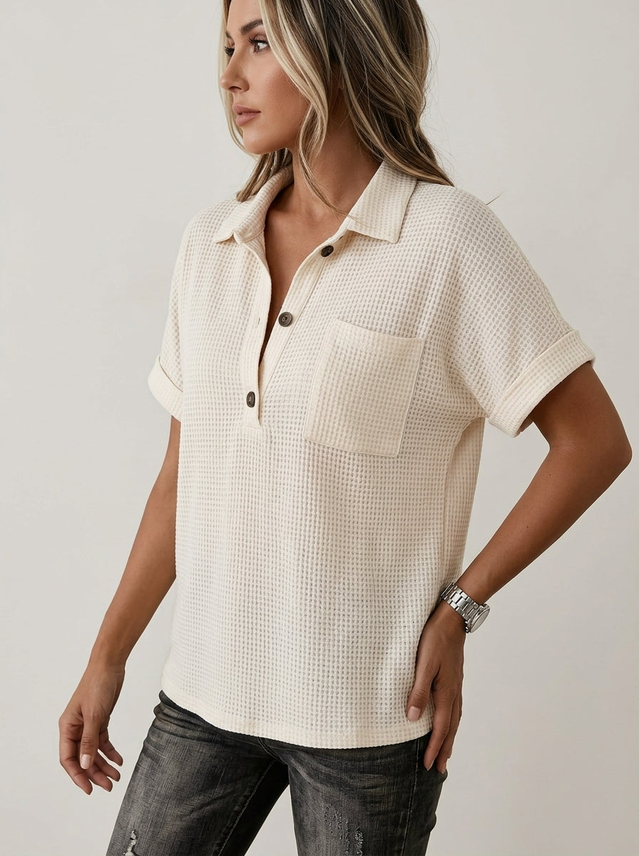 Cream Waffle Knit Collared Blouse - Button-Front Half-Placket Short Sleeve Top