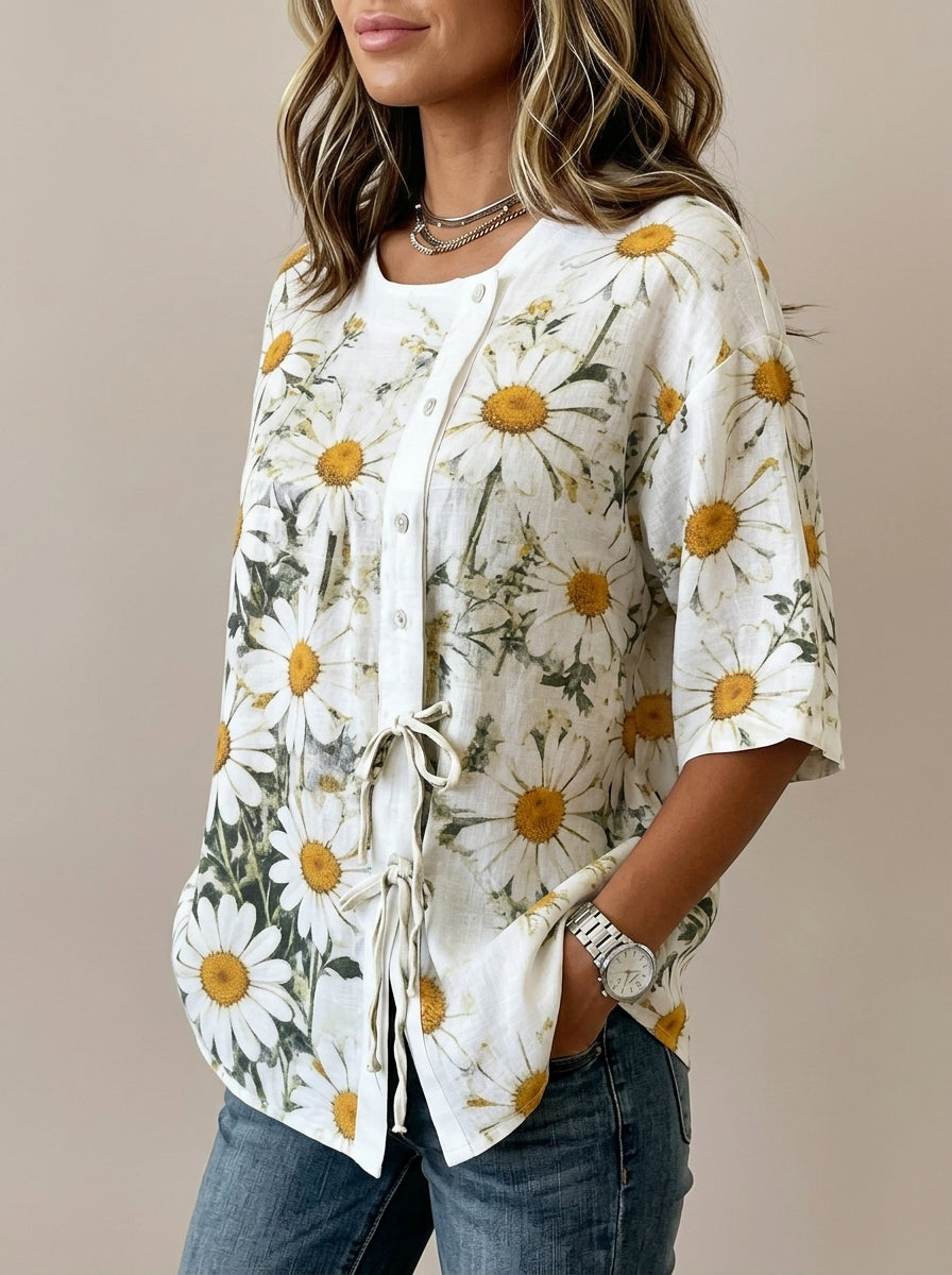 White Daisy Print Blouse - Round Neck Tie-Front Patchwork Top