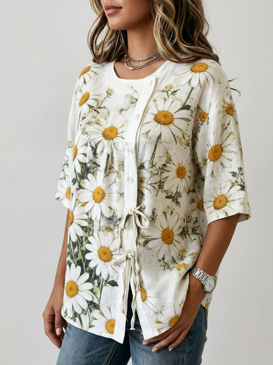 White Daisy Print Blouse - Round Neck Tie-Front Patchwork Top
