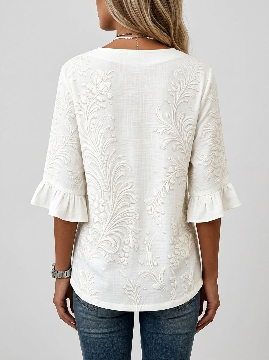 White Tonal Damask Print Blouse - Wood Button Ruffle Sleeve V-Neck
