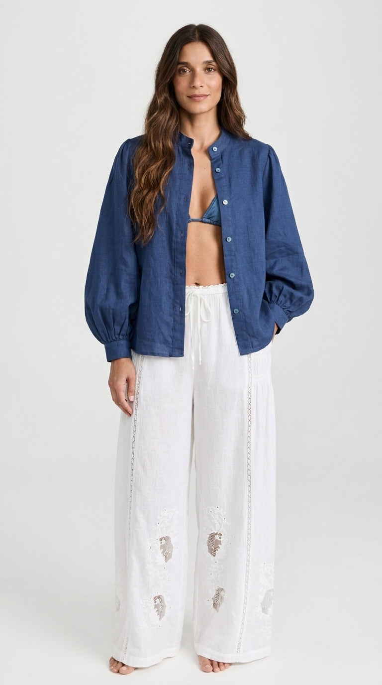 Balloon Sleeve Linen Blouse in Dark Denim - Band Collar Puff Sleeve Blouse