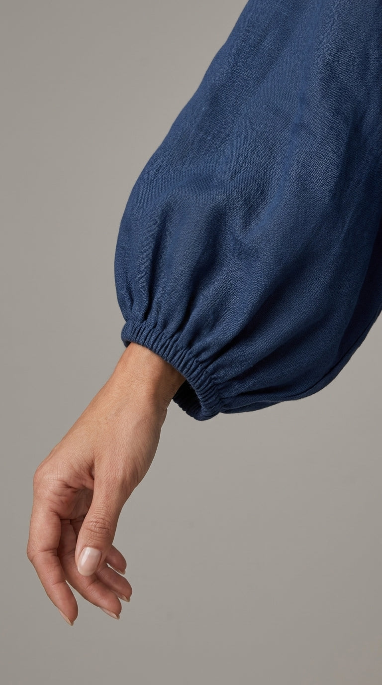 Balloon Sleeve Linen Blouse in Dark Denim - Band Collar Puff Sleeve Blouse