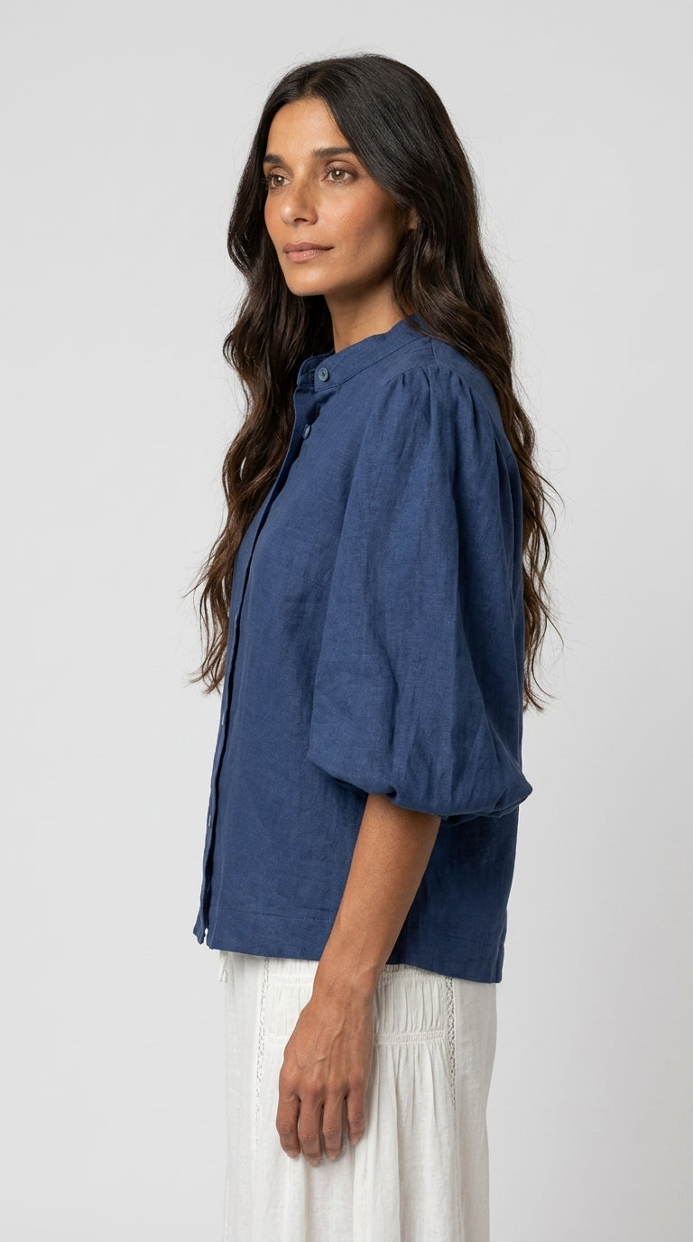 Balloon Sleeve Linen Blouse in Dark Denim - Band Collar Puff Sleeve Blouse
