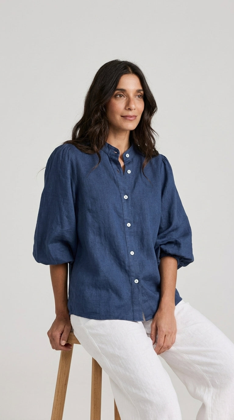 Balloon Sleeve Linen Blouse in Dark Denim - Band Collar Puff Sleeve Blouse