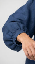 Balloon Sleeve Linen Blouse in Dark Denim - Band Collar Puff Sleeve Blouse