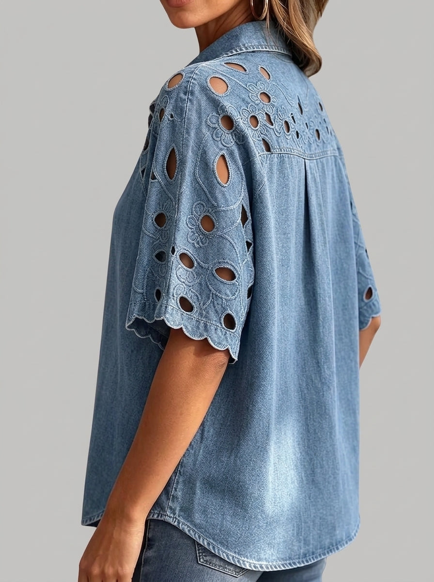 Vintage-Style Denim Shirt with Cutout Floral Lace Sleeve Panels - Button-Up Scalloped Sleeve Blouse