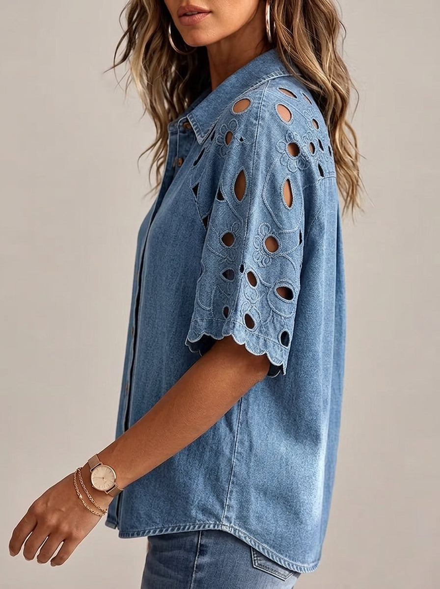 Vintage-Style Denim Shirt with Cutout Floral Lace Sleeve Panels - Button-Up Scalloped Sleeve Blouse