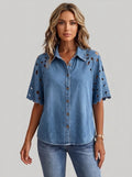 Vintage-Style Denim Shirt with Cutout Floral Lace Sleeve Panels - Button-Up Scalloped Sleeve Blouse