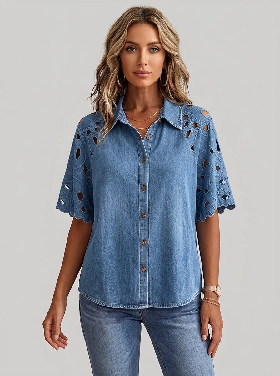 Vintage-Style Denim Shirt with Cutout Floral Lace Sleeve Panels - Button-Up Scalloped Sleeve Blouse