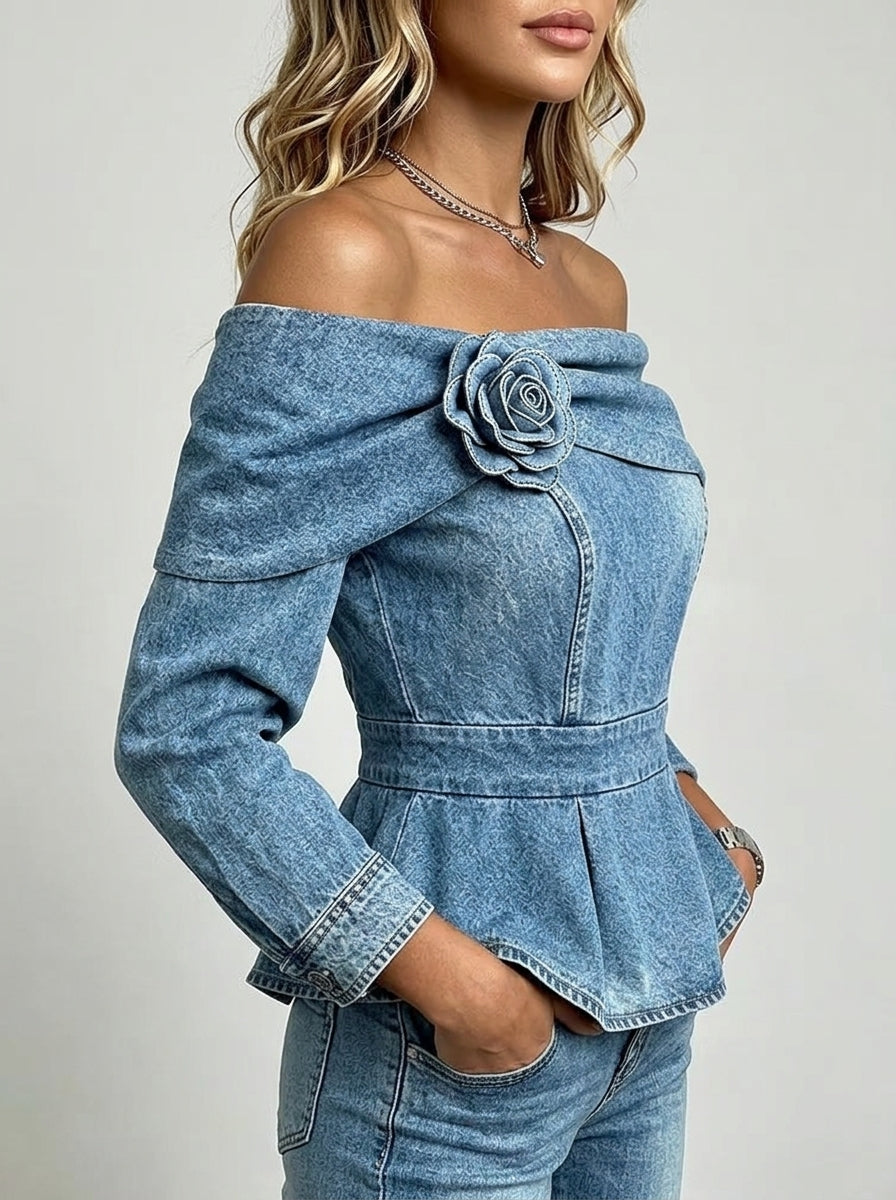 Off-Shoulder Denim Peplum Top - Blue Rosette Flower Detail Blouse