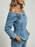 Off-Shoulder Denim Peplum Top - Blue Rosette Flower Detail Blouse