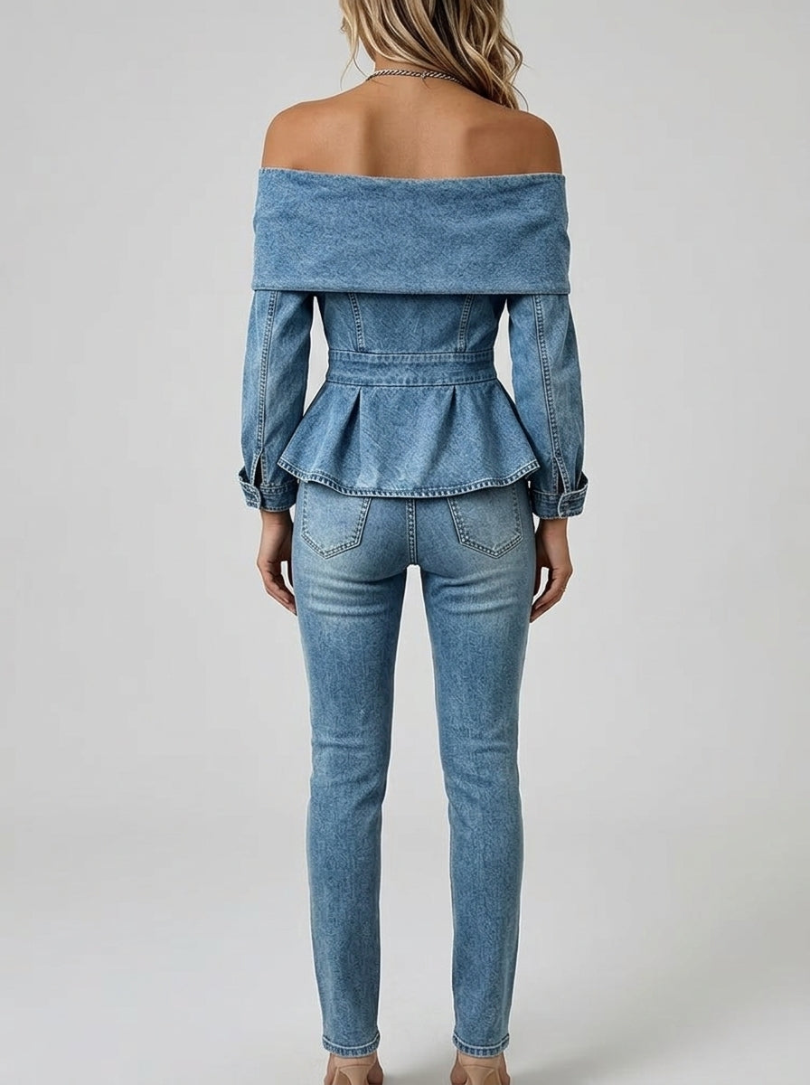 Off-Shoulder Denim Peplum Top - Blue Rosette Flower Detail Blouse