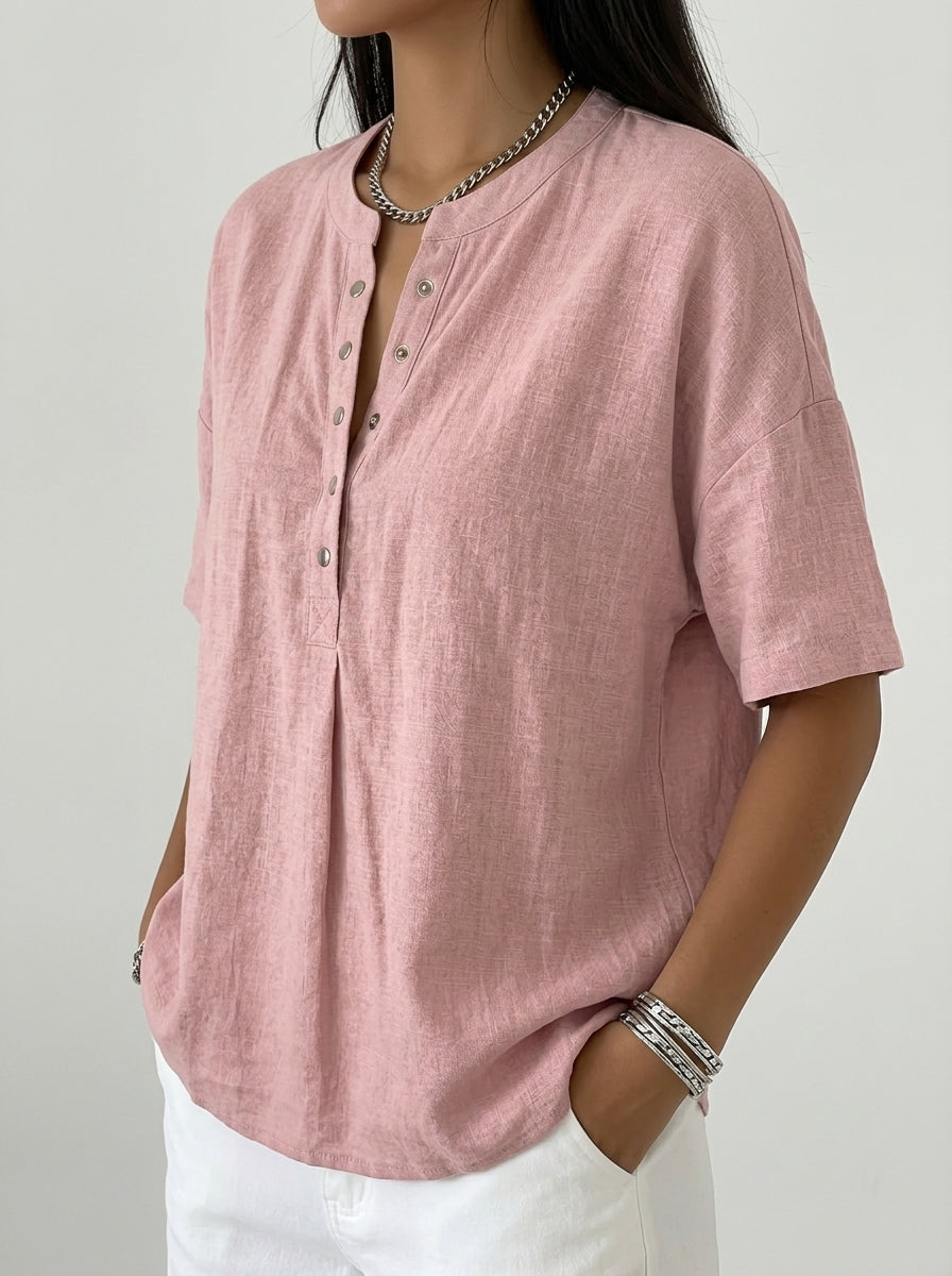 Casual Cotton Linen Henley Top in Dusty Pink - Snap-Button Short Sleeve Blouse