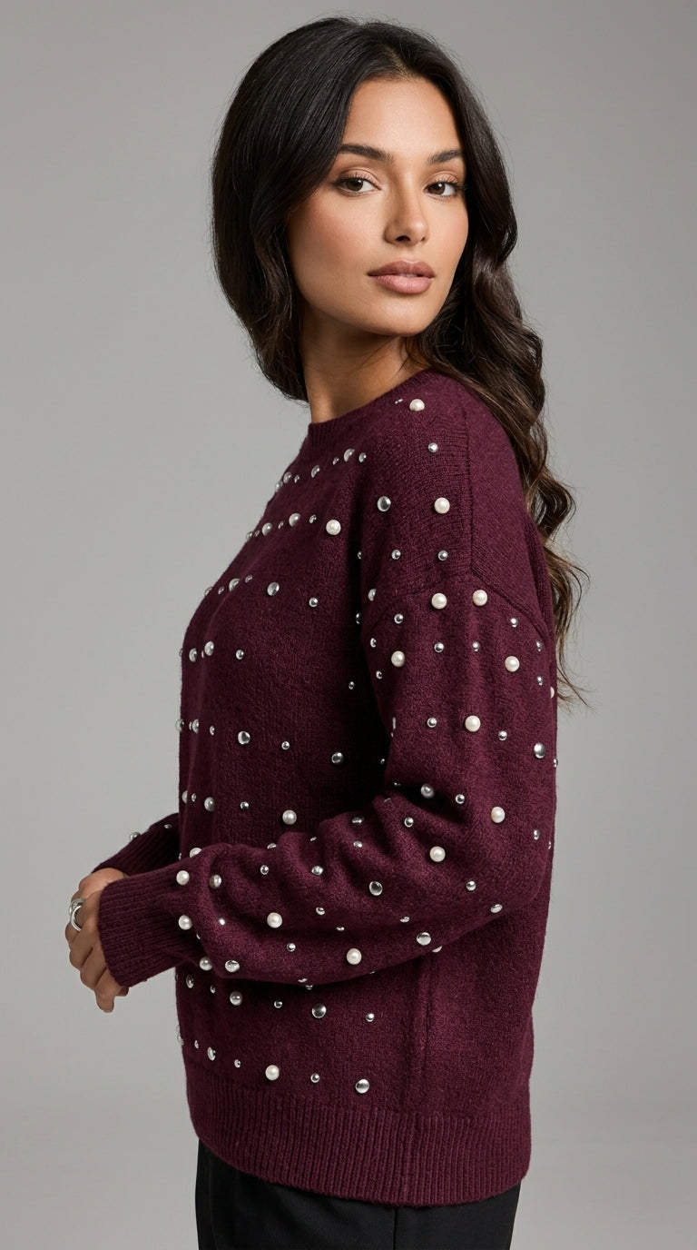 Sabrina Studded Sweater in Burgundy - Crew Neck Pearl-Embellished Knit