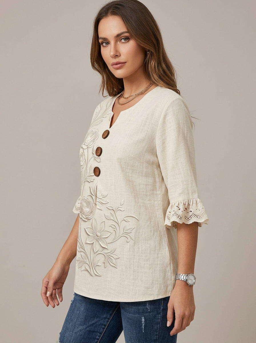 Cream Embroidered Floral Blouse - Wood Button V-Neck Lace Sleeve Top