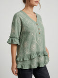 Retro Floral Embroidered V-Neck Ruffle Blouse in Sage Green - Button Placket 3/4 Sleeve Top
